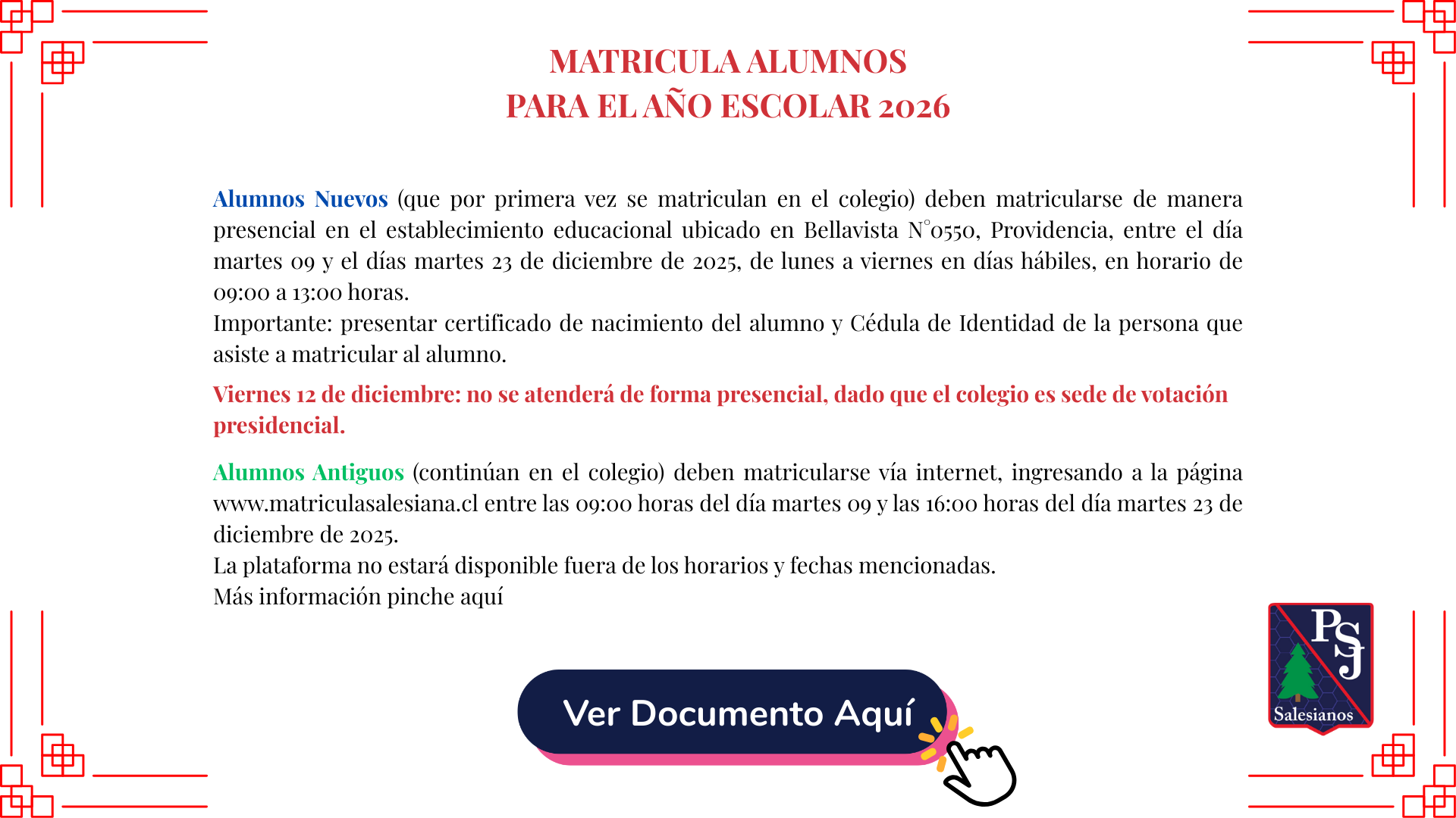 MATRICULA ALUMNOS PARA EL AÑO ESCOLAR 2026 MESA ACTUAL